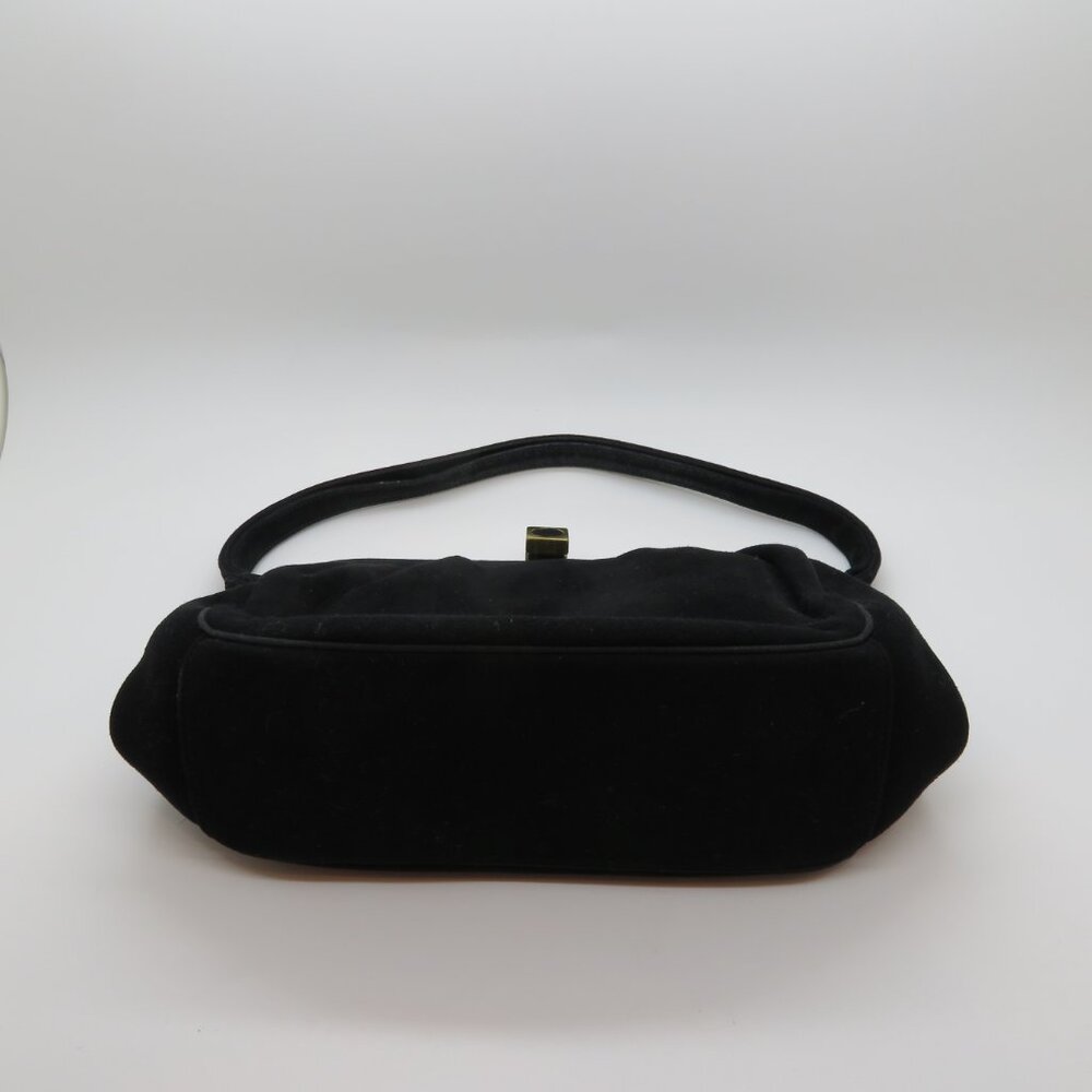 Vintage Black Suede Evening Bag Top Handle Purse Gold Clasp - Picture 7 of 12